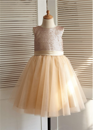 Champagne Sequin Tulle Knee Length Modern Flower Girl Dress